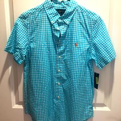 Ralph Lauren Gingham Blue White 100% Cotton Shirt Sleeve Orange Polo Size L (14/16) Never Worn. With Tag Plaid Short Sleeve Preppy Tops, Preppy Short Sleeve Plaid Tops, Blue Short Sleeve School Shirt, Preppy Short Sleeve Blue Shirt, Spring Gingham Short Sleeve Shirt, Preppy Blue Short Sleeve Shirt, Preppy Blue Tops For School, Preppy Plaid Short Sleeve Shirt, Preppy Gingham Shirt For Summer