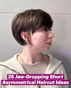 Check out this stunning layered pixie! Longer at the front, it gracefully frames the cheekbones. The blend of warm browns adds depth and charm. It's the perfect mix of grace and modern flair. Dive into our gallery for more inspiration and don't forget to follow us on Pinterest! ** Photo Credit: Instagram @kristinakatsabina Brown Asymmetrical Bob, Knit Asymmetrical Shawl