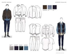 an image of men's clothing in different styles and colors, including jackets, jeans,