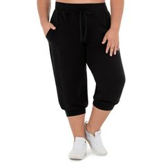 These French terry joggers from Athletic Works are designed to keep up with all of your daily activities. They feature chic styling that makes them suitable for lounging around the house, heading to the gym, or running errands. The soft French terry fabric has recycled polyester providing you with a comfort that is also eco-friendly. The pockets offer enough space to store small items, such as a lip balm, wallet or keys. Just add a tee shirt and your favorite zip-up jacket and you'll have the pe Black Joggers With Drawstring For Workout, Black Drawstring Joggers For Workout, Black Athleisure Joggers With Drawstring, Black Sweatpants With Drawstring For Gym, Black Relaxed Fit Capris, Casual Workout Capris With Elastic Waistband, Casual Moisture-wicking Capris For Gym, Casual Sports Capris With Elastic Waistband, Sporty Loungewear Capris With Elastic Waistband