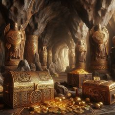 an image of some gold items in a cave