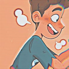 a cartoon boy is smiling and holding something in his hand while looking at the camera