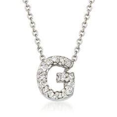 G - Roberto Coin "Love Letter" Diamond-Accented Initial Pendant Necklace. 16". Founded in Vicenza, the City of Gold in 1977, Roberto Coin jewelry celebrates the elegance of femininity, creativity and craftsmanship. We love this classic "Love Letter" pendant necklace, featuring a "G" initial that sparkles with diamond accents. Set in polished 18kt white gold and suspended from a cable chain with a 2" extender. Made in Italy. Lobster clasp, Roberto Coin diamond-accented initial necklace. Diamond b Elegant Silver Initial Pendant Necklace, Elegant Silver Initial Pendant Custom Necklace, Elegant Silver Custom Necklace With Initial Pendant, Luxury Initials Necklace For Anniversary, Elegant Necklaces With Initials For Anniversary, Elegant Formal Jewelry With Initials, Elegant Diamond Initial Pendant Necklace For Anniversary, Elegant Silver Diamond Initial Pendant Necklace, Elegant Silver Diamond Necklace With Initial Pendant