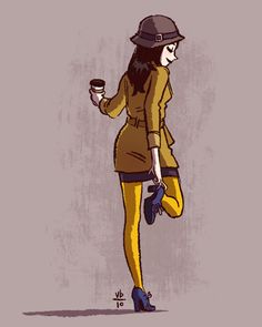 a drawing of a woman with a hat and yellow tights holding a coffee cup