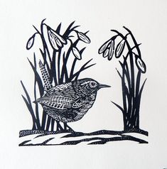 a black and white drawing of a bird sitting on the ground next to some flowers