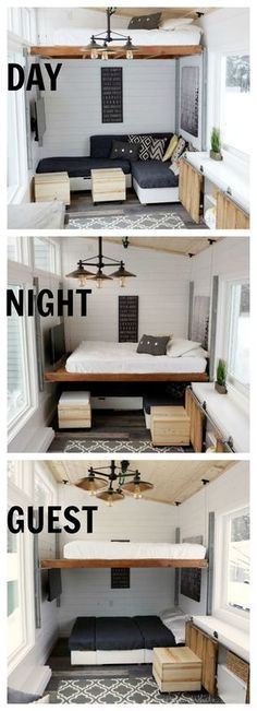 three pictures showing different types of beds in the same room, one with a ceiling fan