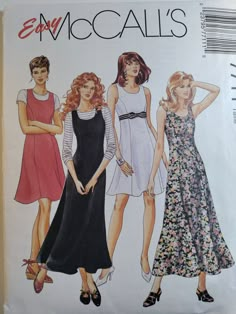 three women's dresses and one woman's dress are shown in this sewing pattern