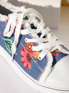 Floral Leaves Lace Up Sneakers Denim Sneakers Trendy Denim Blue Lace-up Sneakers, Denim Blue Cotton Lace-up Sneakers, Casual Canvas Shoes With Laces For Spring, Casual Low-top Canvas Shoes For Spring, Spring Denim Sneakers With Round Toe, Blue Denim Canvas Shoes, Blue Lace-up Canvas Shoes For Spring, Trendy Canvas Sneakers For Spring, Denim Blue Sneakers With Round Toe For Spring