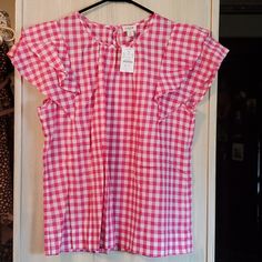 Pink Gingham, Ruffle Shoulder 100% Cotton Spring Ruffle Blouse For Picnic, Plaid Ruffle Blouse For Day Out, Plaid Ruffled Blouse For Day Out, Spring Blouse With Ruffles For Picnic, Spring Ruffled Blouse For Picnic, Spring Gingham Blouse With Ruffles, Summer Gingham Blouse For Work, Gingham Blouse With Ruffles For Day Out, Summer Gingham Blouse For Workwear