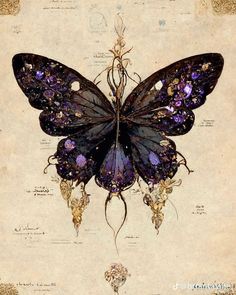 a drawing of a butterfly with purple and gold details on it's wings, sitting on top of a piece of paper