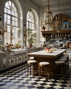 an old fashioned kitchen with black and white checkerboard flooring, chandelier, cabinets, counter tops, and windows