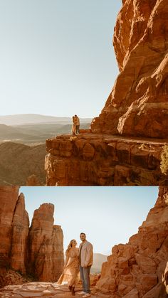 a couple standing on top of a rocky cliff next to each other in the desert