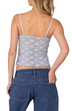 This full-of-charm cami is made from lovely lace that's sheer below the bust and topped with slender adjustable straps. V-neck Adjustable straps 95% polyester, 5% spandex Machine wash, dry flat Imported Lace Top With Built-in Bra And Spaghetti Straps, Lace Camisole With Delicate Detailing, Lace Tank Top With Spaghetti Straps, Lace Delicate Camisole, Lace Cami Top With Built-in Bra, Lace Tops With Delicate Straps, Summer Lace Camisole Bra Friendly, Summer Lace Camisole, Bra-friendly, Summer Lace Camisole With Bra-friendly Design