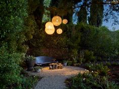 a garden with lights hanging from the trees and plants around it, along with a gravel path