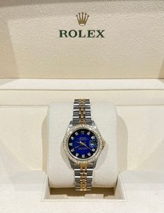 Rolex Lady-Datejust Listing: $6,313 Rolex Ladies Steel & Gold Datejust 26 Factory Blue Vignette..., Reference number 69173; Steel; Automatic; Condition Very good; Year 1990; Watch with original b Blue Rolex Women, Rolex Watches Women Aesthetic, Ladies Rolex Watches, Brand Watches Women, Pretty Watches, Van Cleef And Arpels Jewelry, Rolex Watches Women, Classy Watch