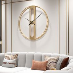 a living room with a white couch and large clock on the wall