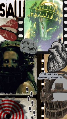 collage with various images and words on it, including an image of a woman's face