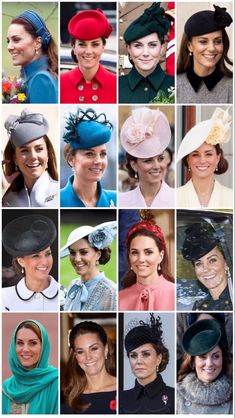 many different hats are shown in this collage with the same woman's face