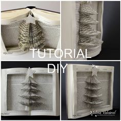 an open book with pages folded in the shape of christmas trees