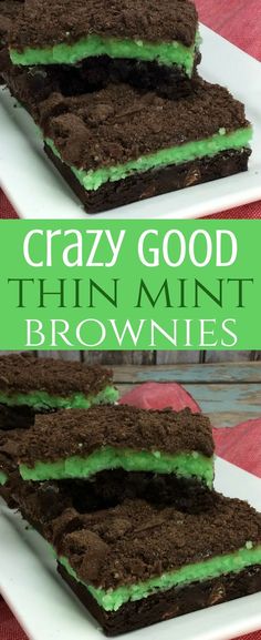 two chocolate brownies with green frosting on them and the words, crazy good thin mint brownies