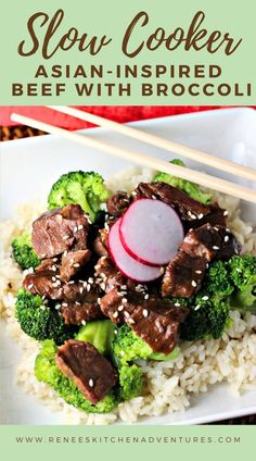 Photo of Asian Inspired Beef with Broccoli on a plate with rice ready to eat with chop sticks with text overlay that says, "Slow Cooker Asian-Inspired Beef with Broccoli" Slow Cooker Beef And Broccoli, Crockpot Beef And Broccoli, Flat Iron Steak, Crockpot Ideas, Takeout Food, Broccoli Recipe, Beef And Broccoli, Crockpot Dinners, Crockpot Dishes