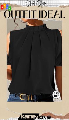 Black Split Sleeve Plain Top Casual Black Blouse, Trendy Black Office Blouse, Black Stretch Blouse For Office, Black Short Sleeve Top For Office, Black Spring Office Blouse, Versatile Black Blouse For Spring, Spring Office Black Blouse, Chic Black Solid Color Blouse, Stretch Black Top For Office