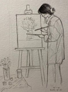 a woman standing in front of a easel painting flowers on a canvas with a brush