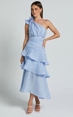 Eugenia Midi Dress - One Shoulder Fit and Flare Layered Dress in Pale Blue | Showpo USA Different Prom Dresses Unique, Light Blue Midi Dress, Hoco 2024, Wedding Activity, Pretty Clothing, Dress Rayon, White Long Sleeve Dress, Unique Prom Dresses, Light Blue Dresses