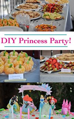 princess party food and desserts with the words diy princess party