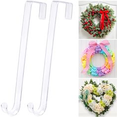 three different wreaths and two plastic hangers with bows on them, one is decorated with flowers