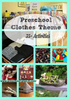 a collage of photos with the words preschool clothes theme 350 activities on it and pictures of children's clothing