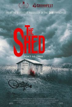 a movie poster for the shed with a bike leaning against it's door and dark clouds in the background