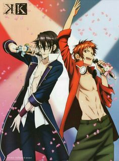 two anime characters standing next to each other with their arms in the air and one is holding