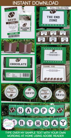 a green and white birthday party with chocolate bar wrappers, tags, and decorations