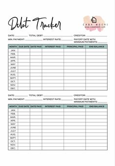 a printable debt tracker sheet with the words debt tracker on it and an image of a