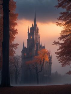 a castle in the middle of a forest with trees and fog on it's sides