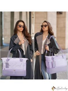 Bird in Bag - Womens Canvas Travel Duffle Bag with Toiletry Bag, Carry On Overnight Bag with Shoe Compartment and Wet Pocket, Elegant Everyday Duffle Bag, Large Capacity Purple Satchel, Chic Rectangular Duffle Bag, Purple Satchel With Large Capacity, Duffle Bag With Luggage Sleeve And Double Handle, Elegant Rectangular Duffle Bag For Errands, Elegant Shoulder Travel Bag For Errands, Purple Shoulder Bag For On-the-go, Satchel Weekender Bag For Errands