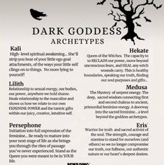 an advertisement for dark goddess archetys, which is written in black and white