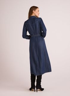 Expertly crafted for both style and comfort, our Western Yoke Midi Dress in Dark Denim is a must-have for any fashion-forward wardrobe. The elegant western yoke design paired with the classic denim wash creates a timeless and versatile piece that can be dressed up or down. Elevate your fashion game with this essential midi dress. 54% TENCEL™ lyocell 24% Linen 22% Viscose SIZE CHEST SHOULDER TO HEM XS 36" 45 7/8" S 38" 47" M 40" 48 1/8" L 42" 49 1/4" Elegant Denim Dresses For Work, Classic Spring Denim Dress For Work, Classic Denim Dress For Workwear In Spring, Denim Blue Dress For Work, Chic Indigo Denim Dress, Classic Medium Wash Denim Dress, Elegant Denim Dress With Pockets For Fall, Elegant Fitted Denim Dress For Fall, Classic Fitted Denim Dress For Fall