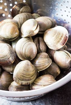 a bowl full of clams sitting on top of a table