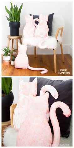 two photos of pink and white cat pillows on a chair with plants in the background