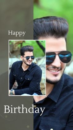 a happy birthday card with a photo of a man wearing sunglasses and a black shirt