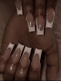 Nail Ideas Acrylic Silver, White French Tip Nails Gel Short, Md Nail Ideas, Easy Christmas Nails Acrylic, J Acrylic Nails, White French Tip Nails Glitter, Anniversary Nails Acrylic, French Nails Design Elegant, Christmas Nail Designs French Tip