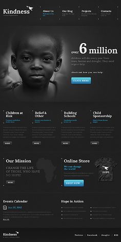 a black and blue website design with an image of a child's head on it