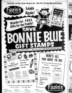 an old advertisement for bonnie blue stamps from the 1950's is shown in black and white