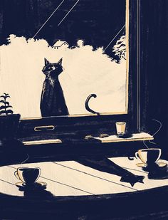 a black cat sitting on top of a window sill next to a coffee cup