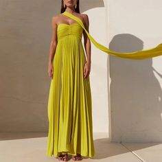 Radiate elegance in this stunning strapless maxi dress with delicate ribbon pleating. Perfect for summer evenings, parties, and special occasions - Golden Atelier Colorful Formal Dresses, Beach Formal Wedding Guest, Tropical Reception, Beach Wedding Guest Outfit, Shoulder Scarf, Golden Princess, Mustard Dress, Pleated Party Dress, Style Party