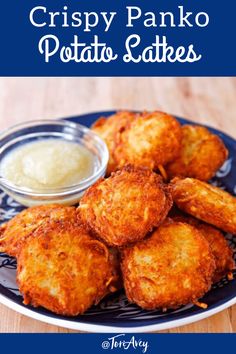 crispy panko potato cakes on a plate with dipping sauce