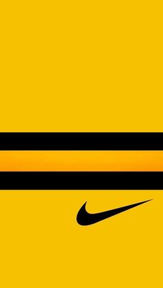 the nike logo is shown in black and yellow colors on a yellow background with horizontal stripes