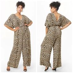 A Knit Jumpsuit Featuring An Allover Leopard Print, Plunging Surplice Neck And Back With Support Strap, Short Dolman Sleeves, Palazzo Leg, And Matching Belt To Accentuate Your Waist. Great For A Night Out, Events, Or Holiday Festivities Black, Brown, Taupe 96% Polyester 4% Spandex Flat Lay Measurements: 25" Bust 20" Elastic Waist Stretches To 30" 30" Hips 31" Length Fitted V-neck Jumpsuits And Rompers By Forever 21, Nice Jumpsuits, Festival Romper, Dots Outfit, Olive Green Romper, Overall Jumper, Denim Jumper Dress, Leopard Print Jumpsuit, Polka Dots Outfit